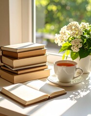 study space with a notebook, a mug of tea, and a stack of books beside a sunny window