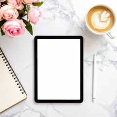 bright flat lay workspace, blank tablet and stylus on a marble desk, surrounded by a journal