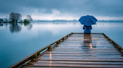 Person sitting on wooden pier with blue umbrella by the lake  