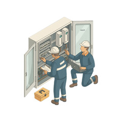 Two Electricians Inspecting Electrical Panel Equipment during Maintenance Work