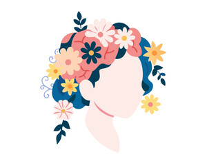Floral headdress design featuring a woman with colorful hair and vibrant flowers in a whimsical artistic style
