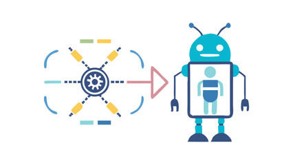 Cartoon robot with a gear icon and a figure illustrates technology and automation in a creative design