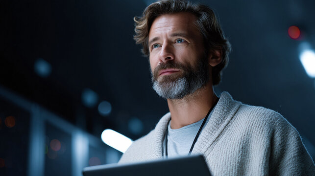 Focused server room technician with tablet, looking forward. Data center professional visualizing tech solutions, cloud computing,  future innovation. - Powered by Adobe