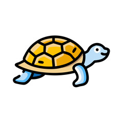 Cute cartoon turtle with a yellow shell walking on a white background in a playful and vibrant style
