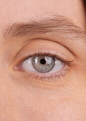 Obraz premium Vertical Screen. Gaze. Beautiful blue eye of smiling woman looking at camera. Extreme close-up of female eye, happy optimistic view. Macro eye. Beautiful people. Concept of joy, hope, inspiration.