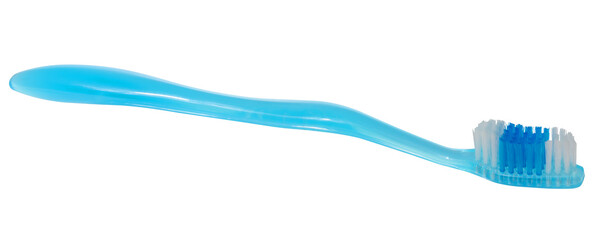 Blue toothbrush with white and blue bristles. Oral hygiene item on isolated background.