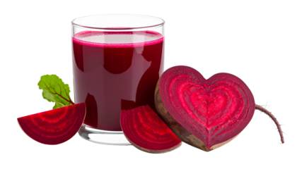 Beetroot Beverage: the deep red drink stands in a transparent glass, a beetroot heart adorns it and a sliced beetroot at the side isolated on soli