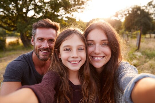 Smiling Family Taking Selfie Outdoors at Sunset, Representing Togetherness and Cherished Family Moments in Travel and Lifestyle : Generative AI