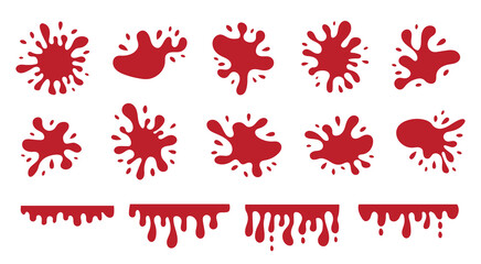 Blood splashes and drops. Set of different blood blobs and blots.