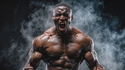 Fierce muay thai boxer shouting in a dramatic kickboxing event at a muay thai gym capturing the essence of a fighter's passion