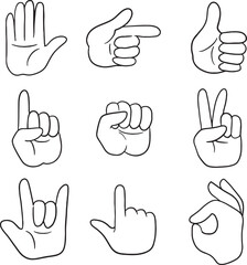 Collection of hand gesture line art, perfect for icons, illustrations, or educational materials. Includes various poses like thumbs up, pointing, peace, and open palms, offering diverse communication.