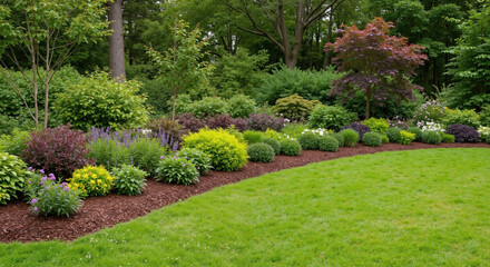 Landscaped garden border with colorful shrubs and green lawn. Mixed perennial plantings featuring purple red yellow foliage near grass area. Professional landscaping design. Garden center sale