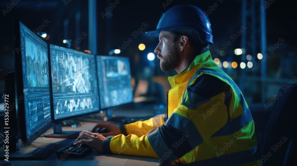Poster Construction Worker Monitoring Multiple Screens at Night, Representing Industrial Safety and Digital Transformation in Engineering and Infrastructure Projects : Generative AI