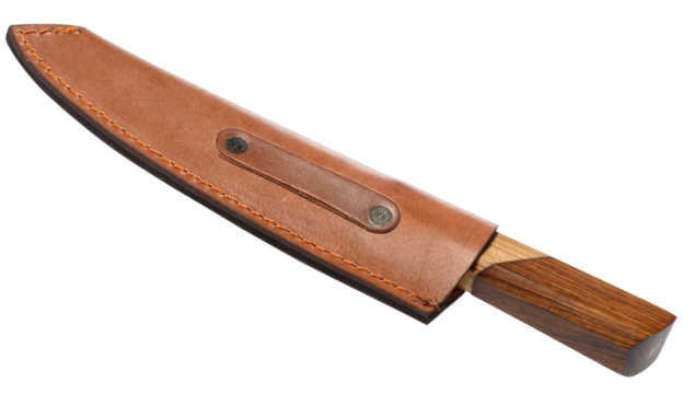 Knife with a wooden handle is inserted into a brown leather case