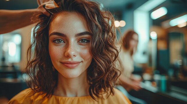 hairstylist applying color to a client’s hair in a well-lit salon, promoting the expertise and care in hair color services