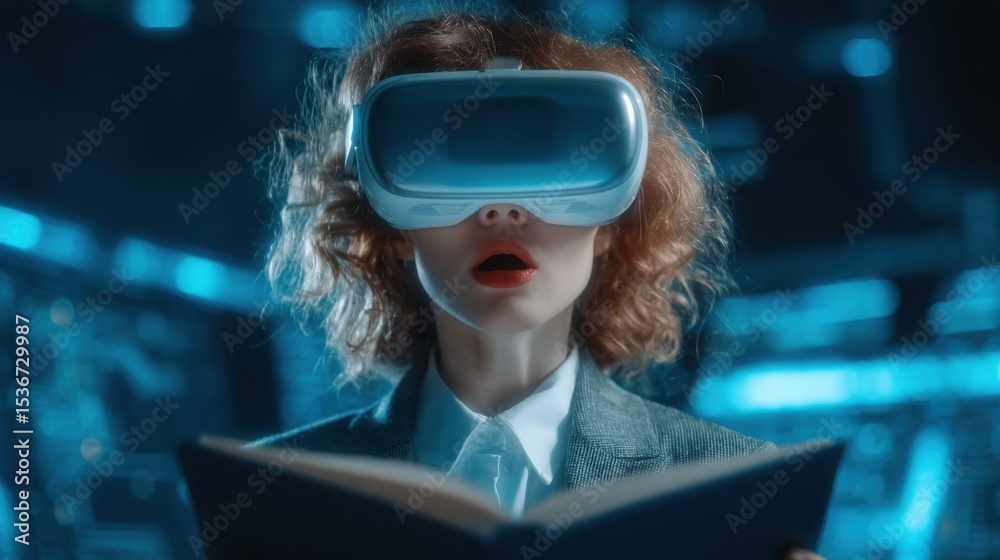 Poster woman in vr headset reading a book in a futuristic setting, illustrating immersive learning and digi