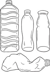 Set of plastic bottles in various states, including full, empty, and crushed, rendered in a clean line art style. Ideal for illustrating concepts of recycling, waste, environmental pollution, beverage