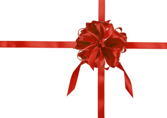 Red silk ribbon bow and cross ribbons on isolated background, gift wrapping