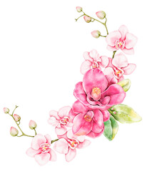 Watercolor floral corner composition with camellias and orchids in soft pink tones. Hand painted bouquet perfect for wedding invitations, print design and elegant paper crafts. © Evgeniia