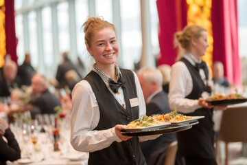 Smiling Waitress Holding Plates of Food at Event, Representing Hospitality and Catering Services for Celebrations and Corporate Events : Generative AI