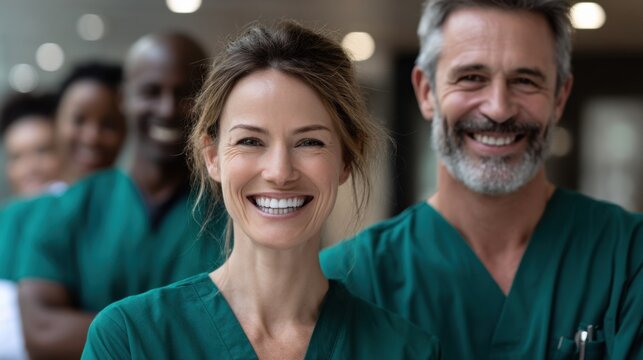 Smiling Medical Team in Green Scrubs, Representing Healthcare Professionals and Patient Care, Ready for Recruitment and Teamwork : Generative AI