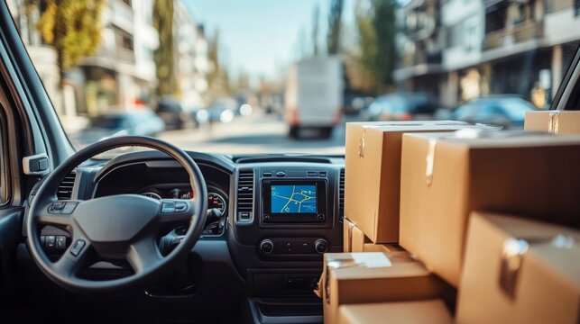 A delivery truck with a GPS system on the dashboard and packages neatly arranged in the back, symbolizing the logistics and tools involved in courier services for efficient route planning