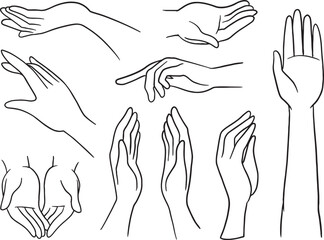 Fototapeta premium Collection of hand gesture line art, perfect for icons, illustrations, or educational materials. Includes various poses like thumbs up, pointing, peace, and open palms, offering diverse communication.