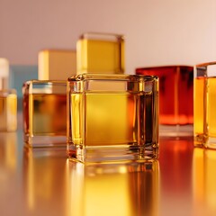 Colorful glass perfume bottles arranged artistically on a reflective surface with soft lighting