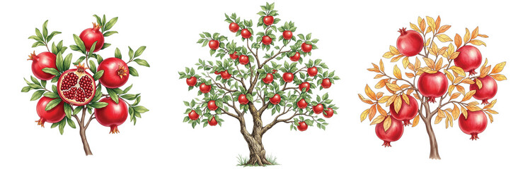 Fototapeta premium Detailed Watercolor Illustrations of Pomegranate Trees: Depicting Fruit Ripening and Seasonal Foliage Variations