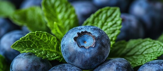 Close-up of fresh blueberries with mint leaves.