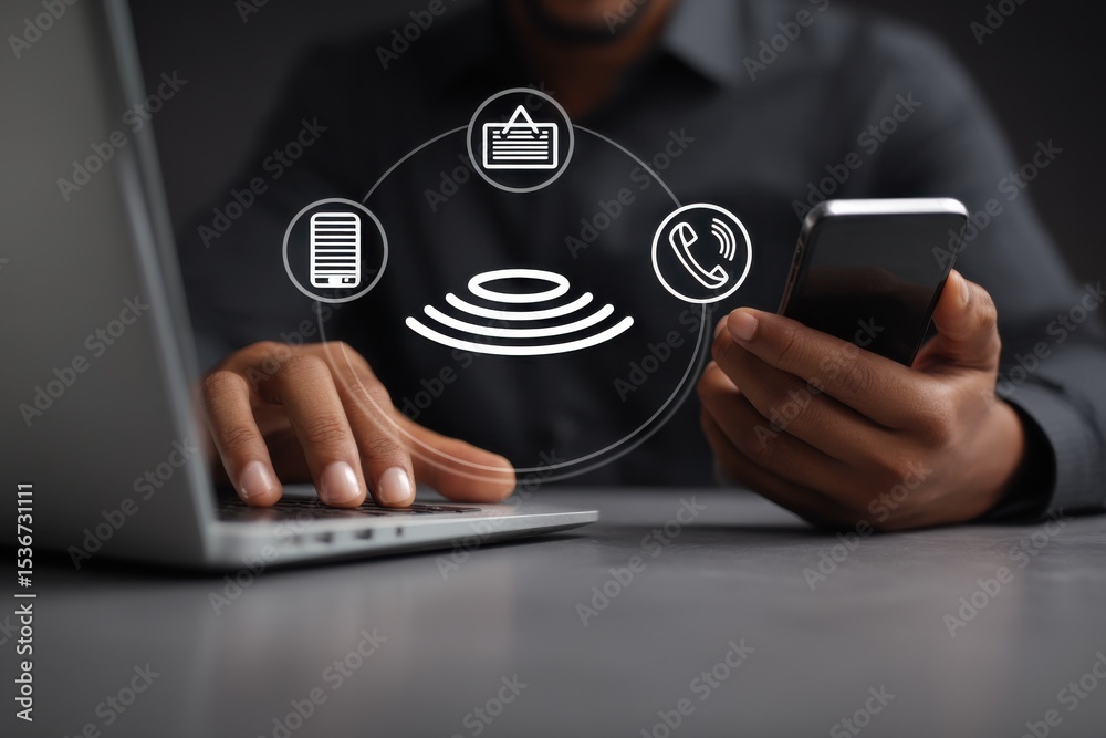 Poster Man Using Laptop and Smartphone With Floating Icons, Representing Digital Communication and Online Shopping for E-Commerce Solutions : Generative AI