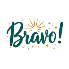 Festive Bravo lettering design perfect for celebratory cards, logos, and branding projects featuring hand-drawn script and gold starburst accents.
