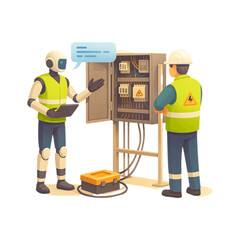Robot and Electrician Inspecting Electrical Panel Automation Technology Maintenance