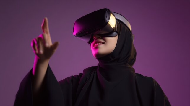 Woman Wearing Vr Headset Touching Virtual Screen, Illustrating Digital Transformation and Technological Innovation in the Metaverse Era : Generative AI