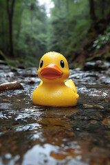 A yellow rubber duck floats serenely in a forest stream, water droplets clinging to its surface.  This whimsical image evokes a sense of childhood adventure and the unexpected beauty of nature.