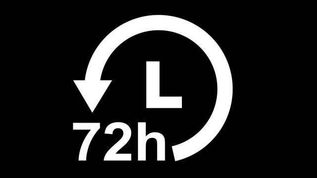 72-hour clock icon with moving arrows on a black background.