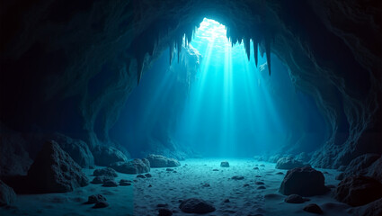 Underwater cave with mysterious mood illuminated by sunlight filtering through water
