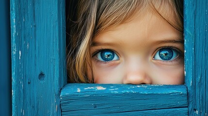 A close-up image of a child peering through a blue wooden frame, showcasing striking blue eyes and soft, tousled hair.