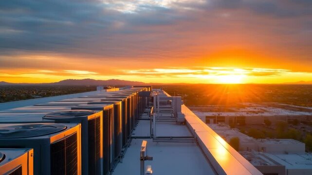 Sunset over rooftop air conditioning units with warm light reflecting on industrial building equipment, mountains in distance, and vibrant sky creating calm outdoor technology scene