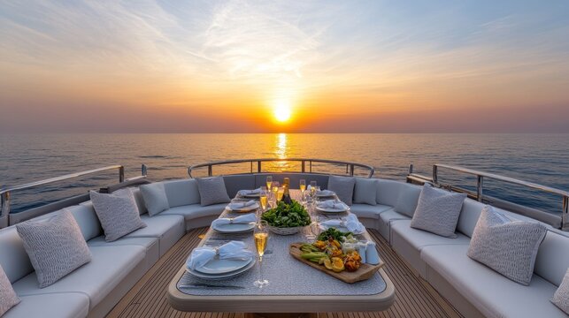 Luxurious sunset dinner on a yacht deck.