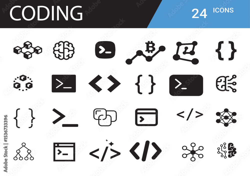 Poster iconic coding symbols: a set of simple, elegant icons, representing fundamental coding concepts. thi