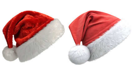 Two classic santa claus hats in red with white fur trim and pompoms on a black background
