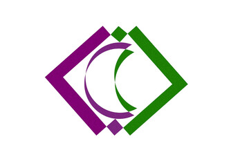 Abstract Geometric Design with Purple and Green Shapes on Black Background