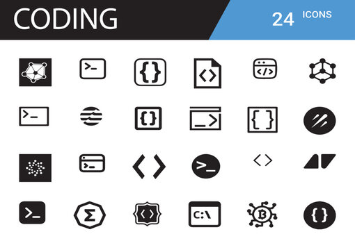 Coding Icons: A comprehensive collection of 24 stylized icons representing the various tools and symbols essential to the craft of coding and software development.