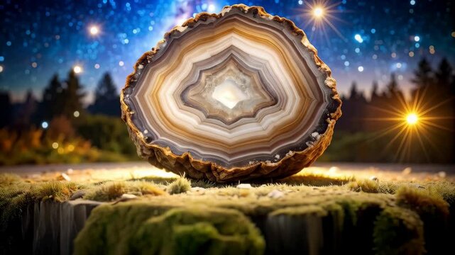 Agate geode slice displaying concentric bands under starry night sky, forest backdrop, light flares shining brightly.