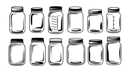 Black and White Line Art Illustration of Various Empty Glass Mason Jars