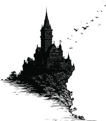 Obraz premium Ancient Castle on a Cliff Silhouette – Dramatic Fairy-Tale Vector Illustration
