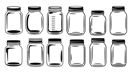 Black and White Line Art Illustration of Various Empty Glass Mason Jars