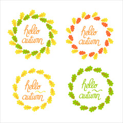 Set of autumn wreaths with colorful leaves and “hello autumn” text. Perfect for seasonal greeting cards, fall festival decorations, invitations, and rustic designs.