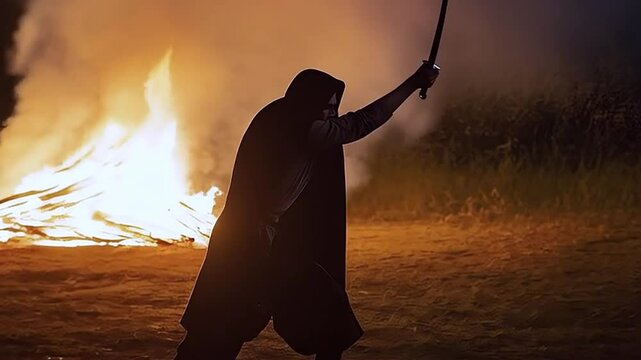 The silhouette of a hooded man in a long cloak standing with a raised sword. Behind him is a bright fire illuminating the scene and creating a contrast between the dark figure and the flames. The imag